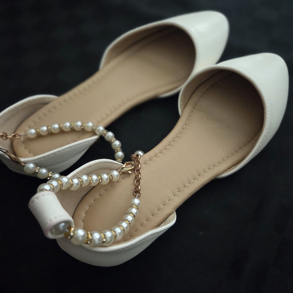 Elegant White Women's Flats with Pearl Ankle Strap